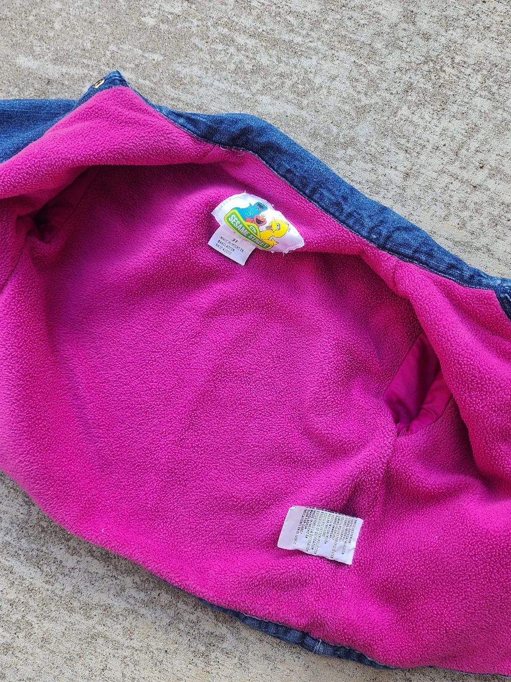 VTG Sesame Street Y2K Kid Girl Blue Denim Jacket, Pink Floral Cottage Trim Sz 3T